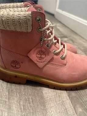 Timberland Pink Nubuck Ankle Boots with Knit Collar